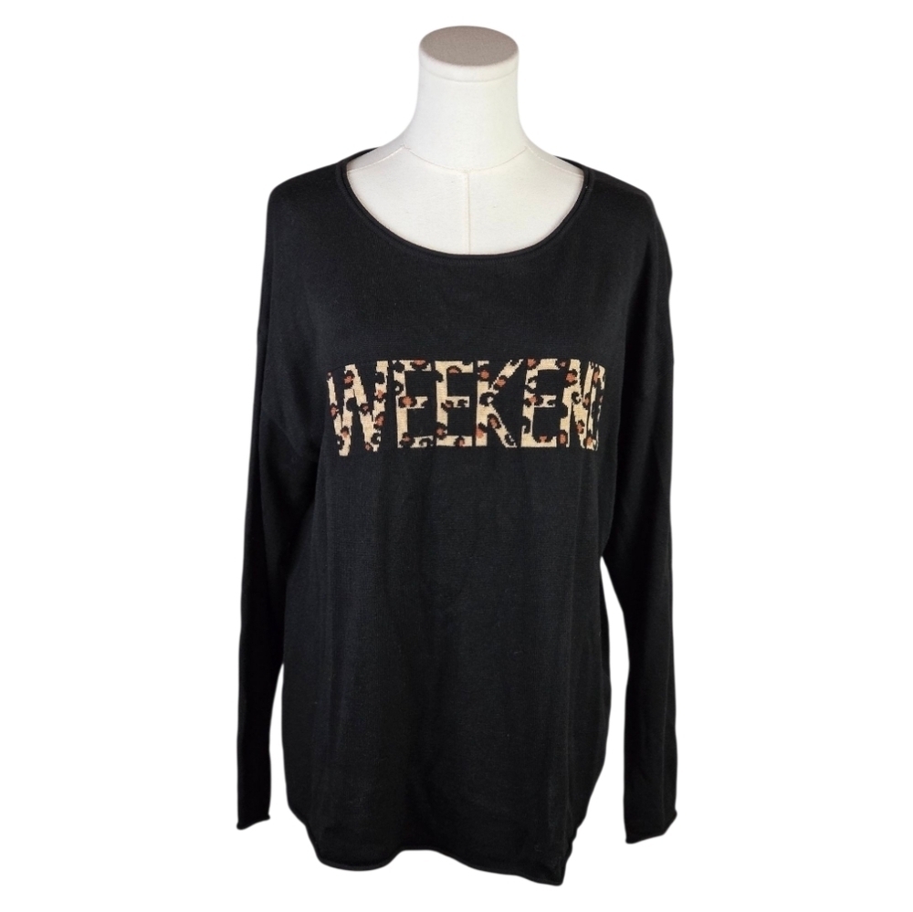 Rachel Zoe Black WEEKEND Leopard Print Sweater Top XL Soft Cashmere Blend